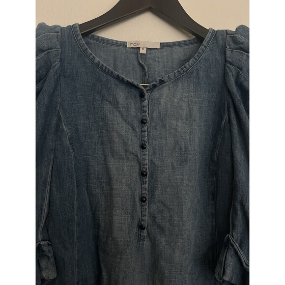Maje Denim Blue Puff Sleeve Mini Dress Small Boho Western Button Front Coastal - Picture 3 of 7